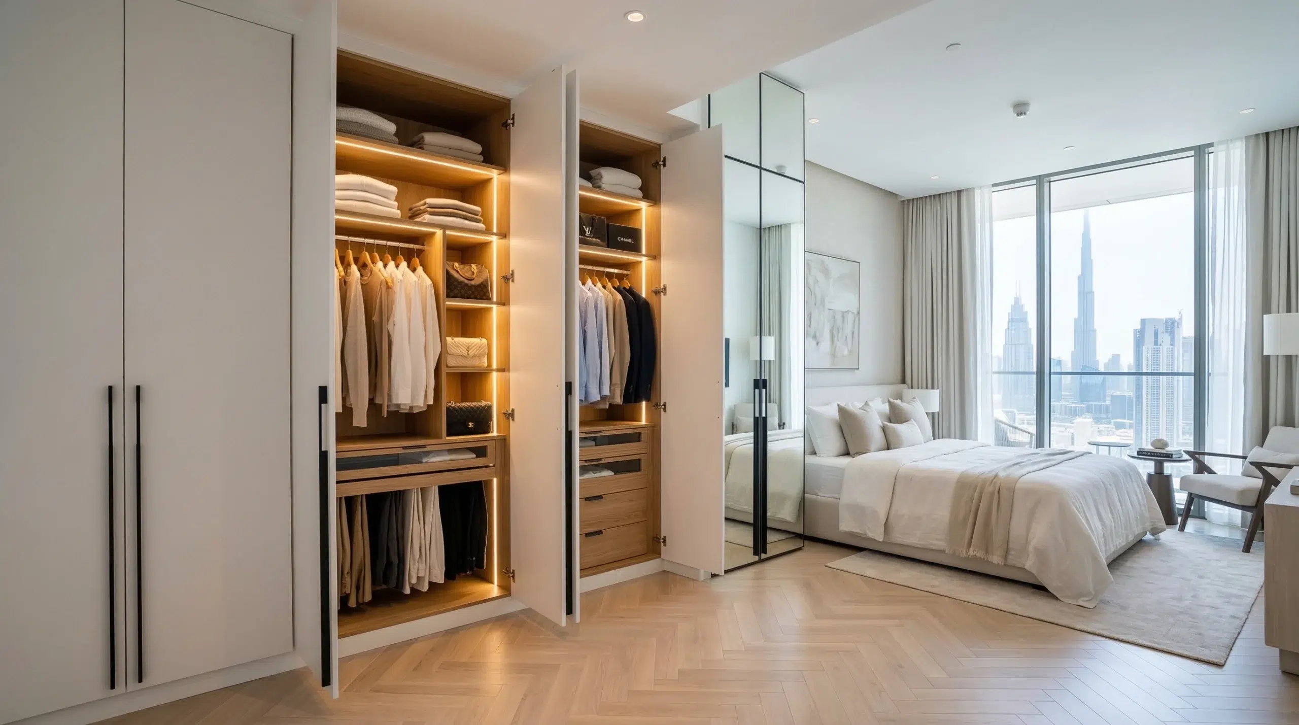Custom wardrobes Dubai — floor-to-ceiling built-in wardrobe with mirror and LED lighting in Dubai bedroom