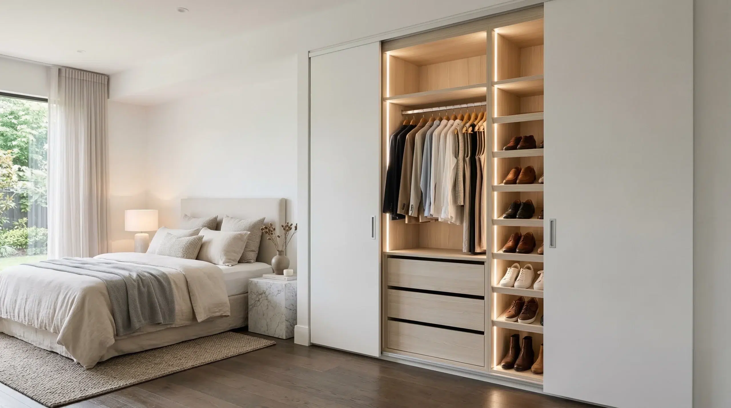 Custom wardrobes Dubai with sliding doors and organised interior by Kustom Deco