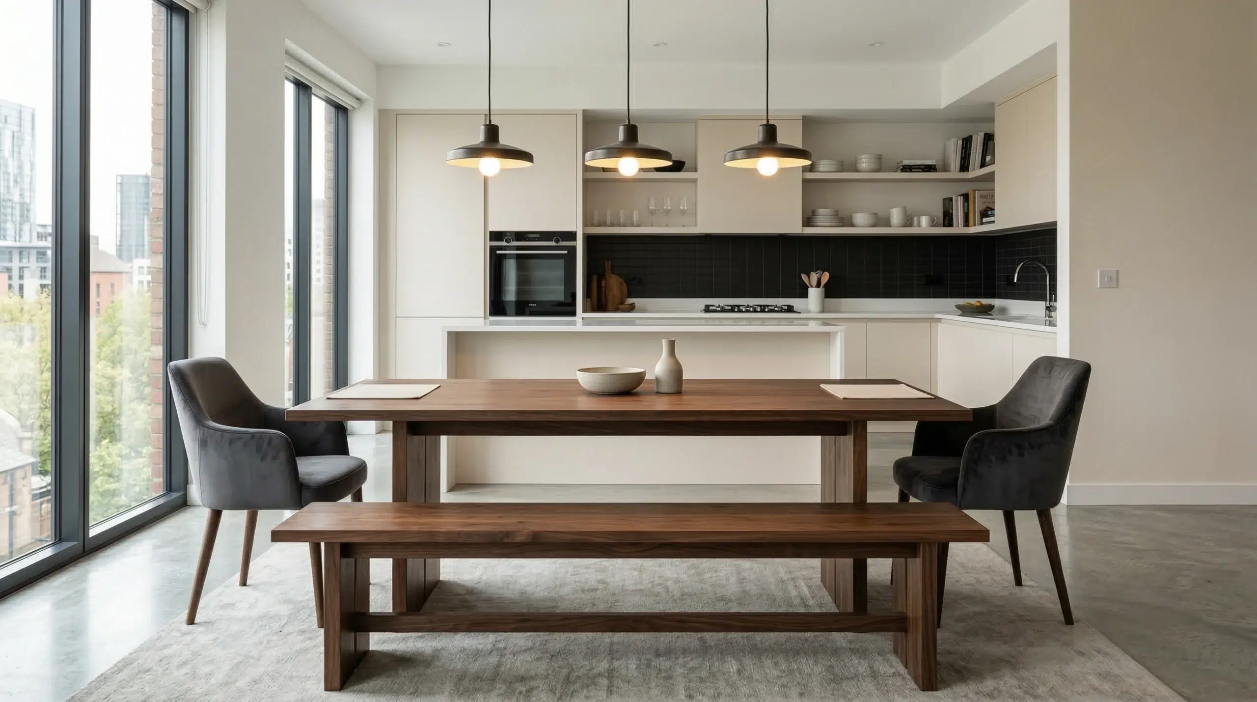 dining-set-with-bench-dubai-kustomdeco.jpg ALT: Custom dining table and bench set in walnut and charcoal velvet — Kustom Deco Dubai