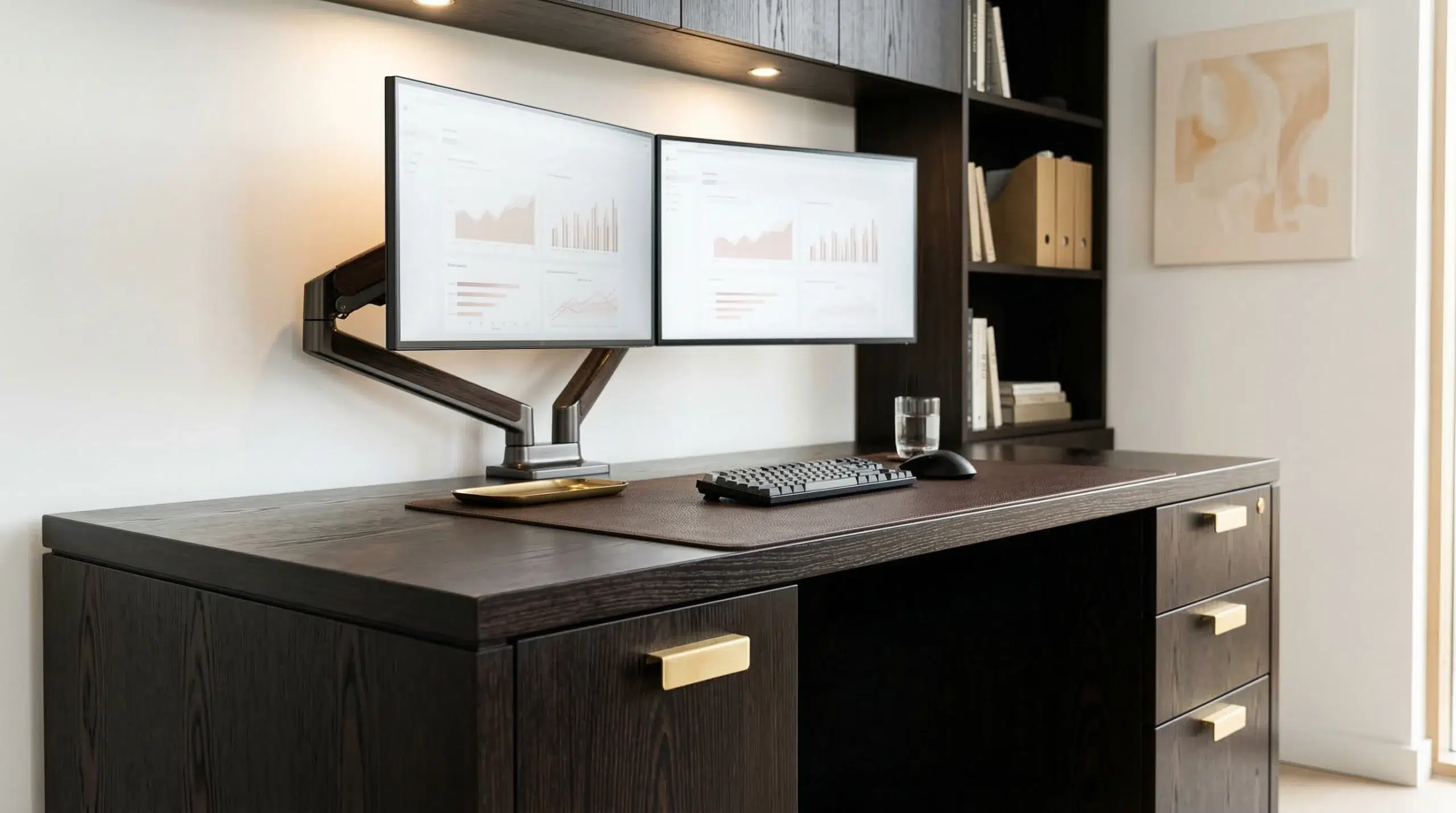 Custom executive desk Dubai wenge veneer with locking pedestal and cable management