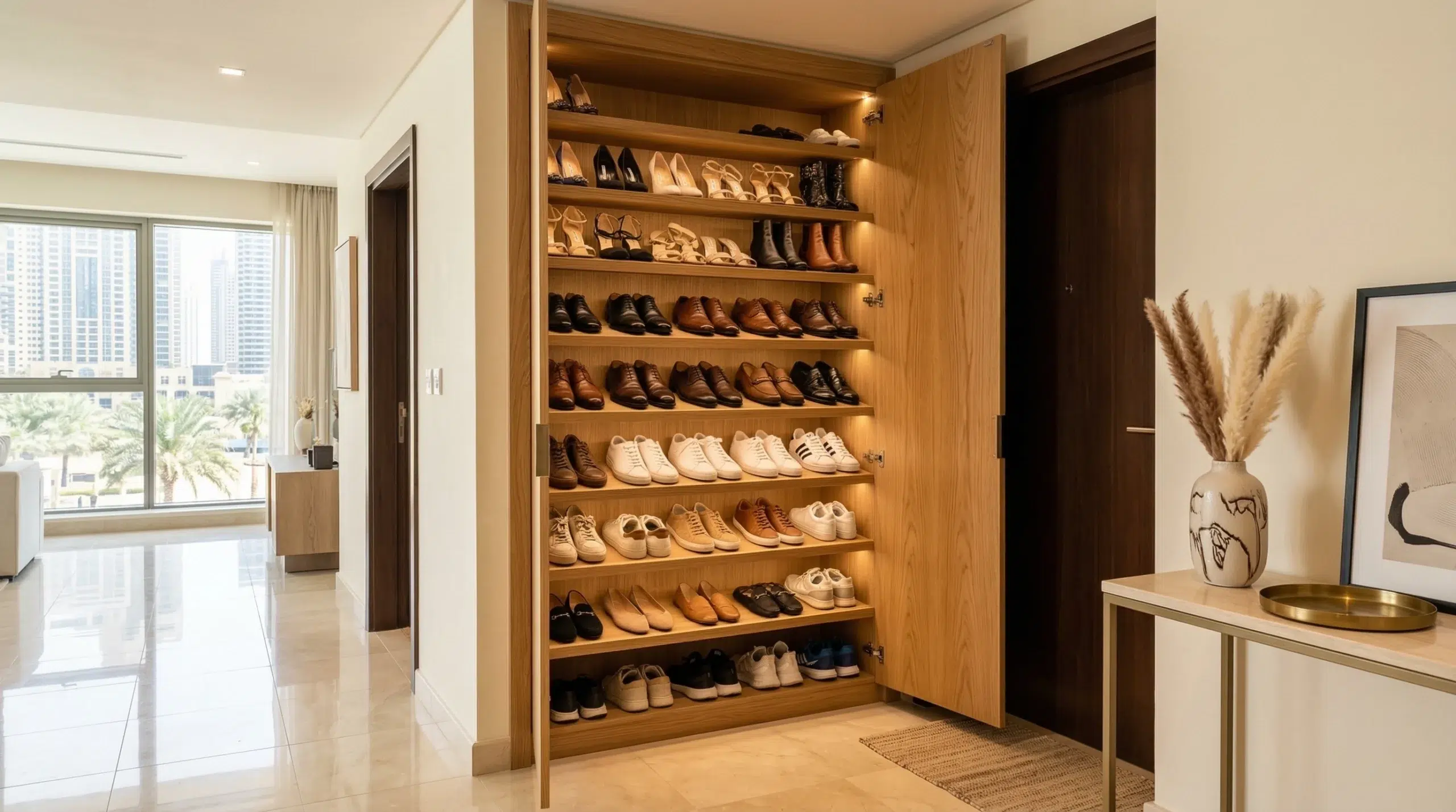 Custom floor-to-ceiling shoe cabinet in oak veneer — Kustom Deco Dubai