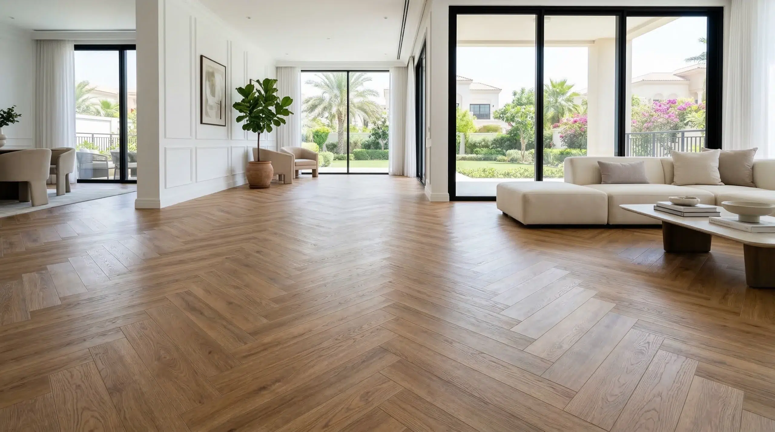 Flooring Dubai warm oak herringbone luxury vinyl plank installed in modern Dubai villa living room