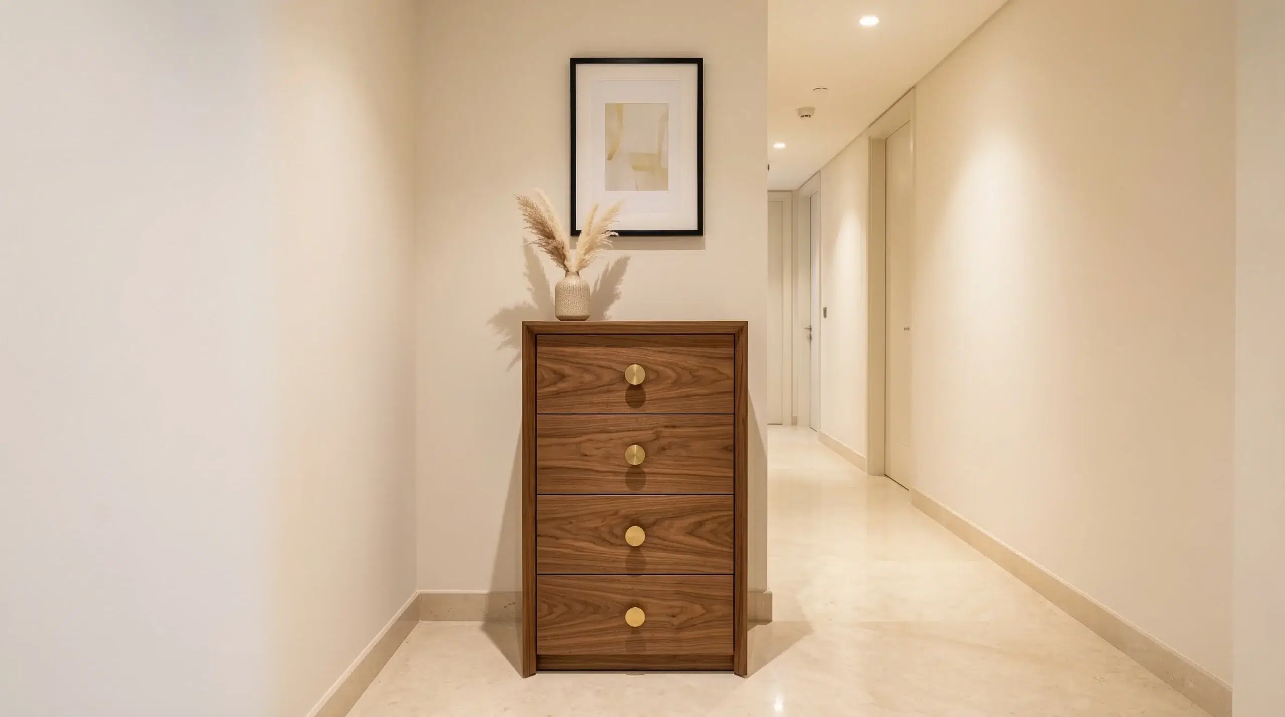 Custom narrow hallway chest of drawers Dubai apartment walnut finish