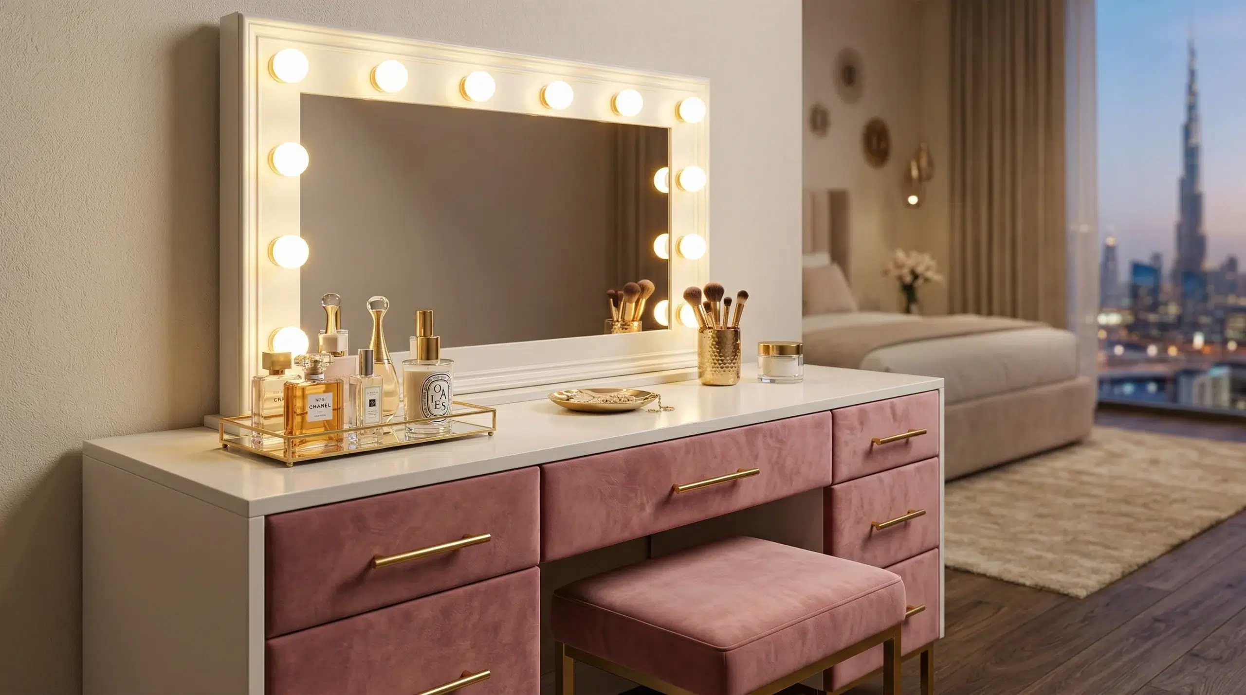 Custom Hollywood mirror dressing table velvet Dubai bedroom