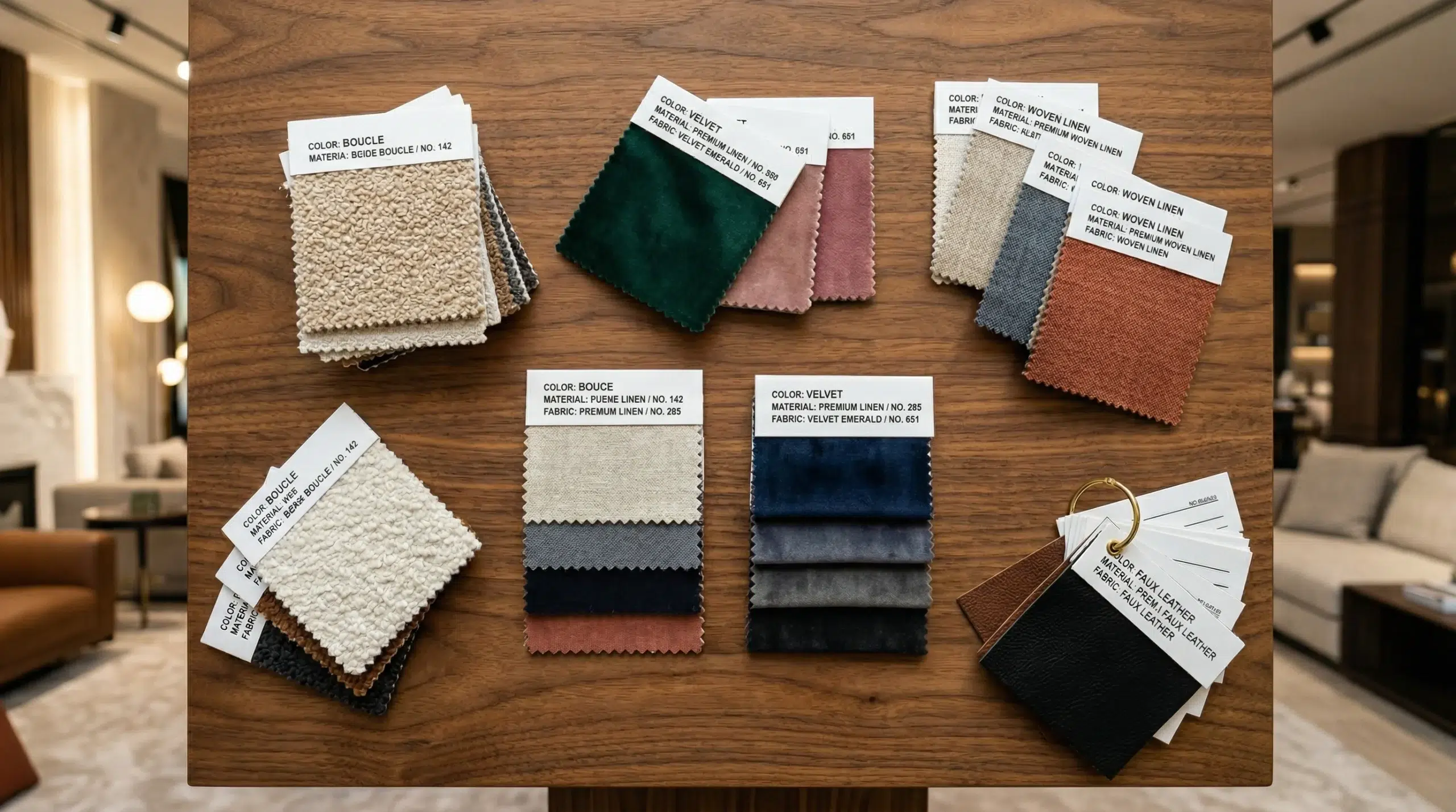 Fabric swatches for custom beds Dubai — velvet, boucle, linen options at Kustom Deco