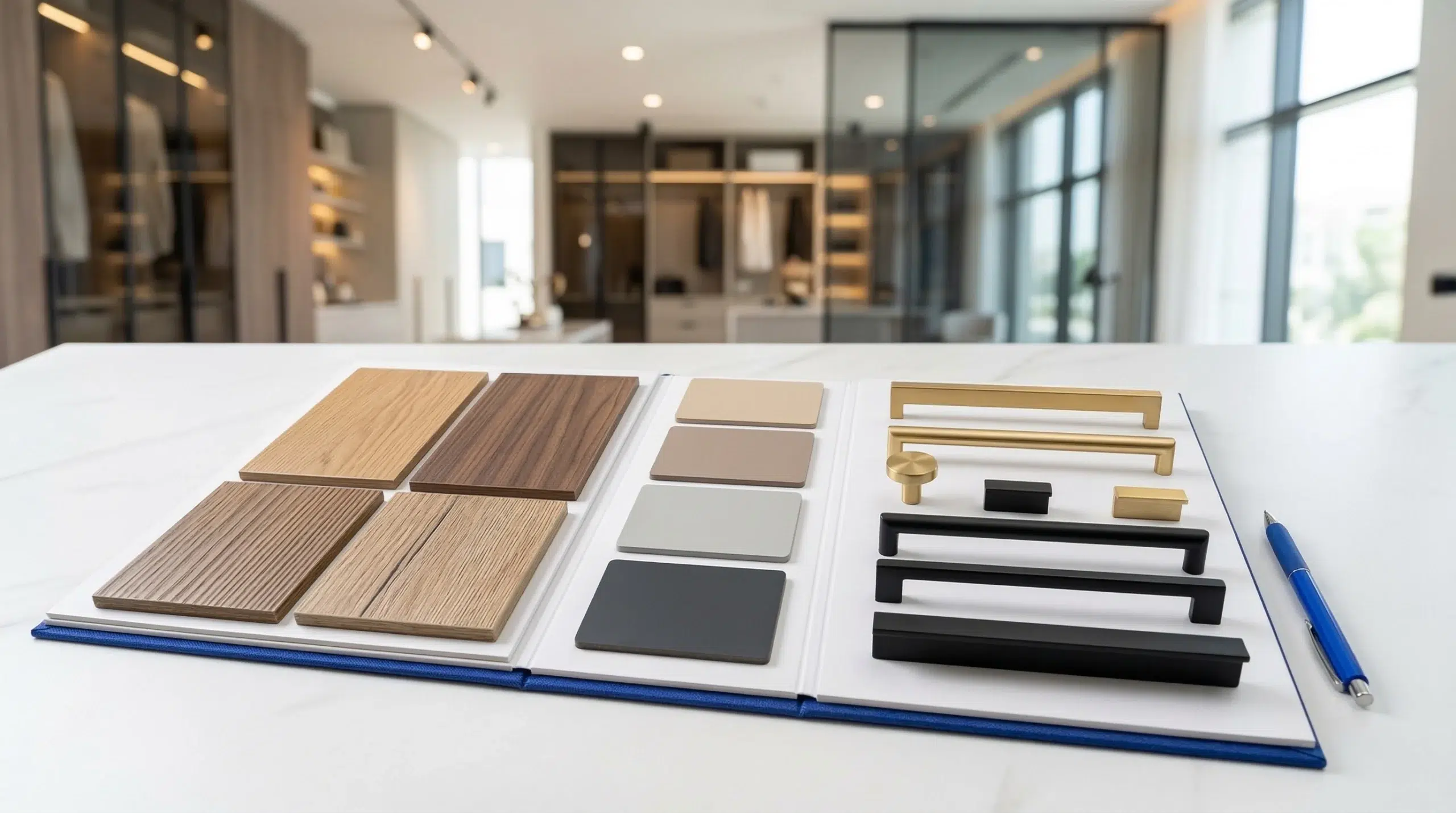 Custom wardrobe material and finish options Dubai — laminates lacquers and hardware swatches at Kustom Deco showroom