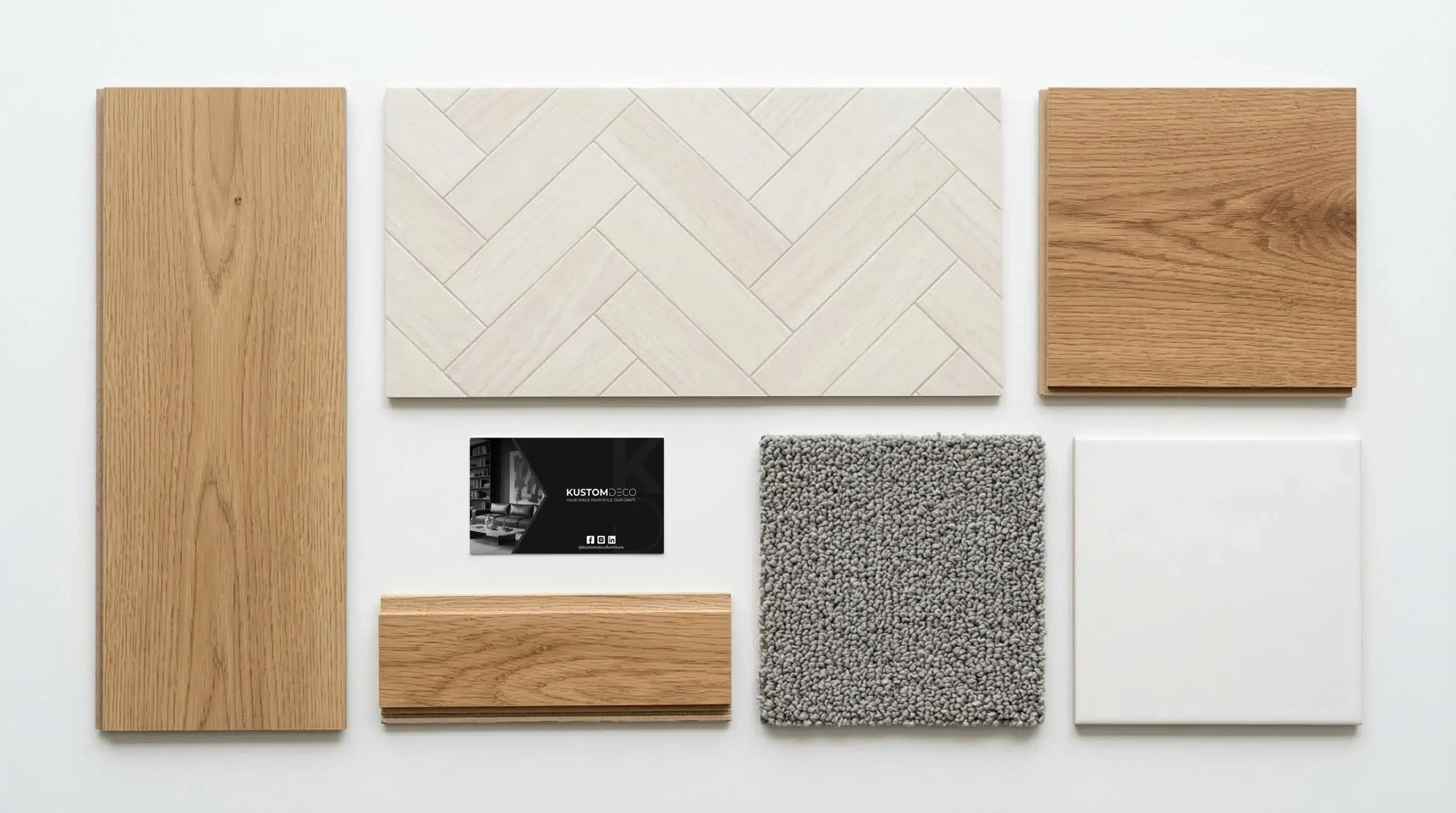 Flooring options Dubai SPC, vinyl plank, laminate, engineered wood and carpet samples at Kustom Deco