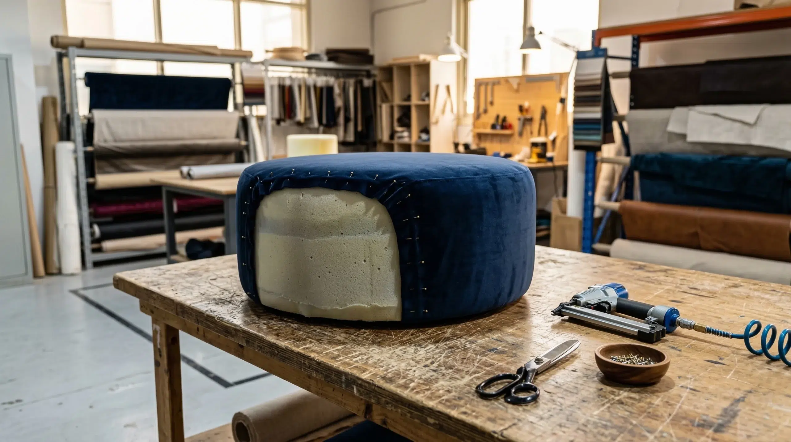 Kustom Deco custom furniture manufacturing process Dubai — ottoman production workshop