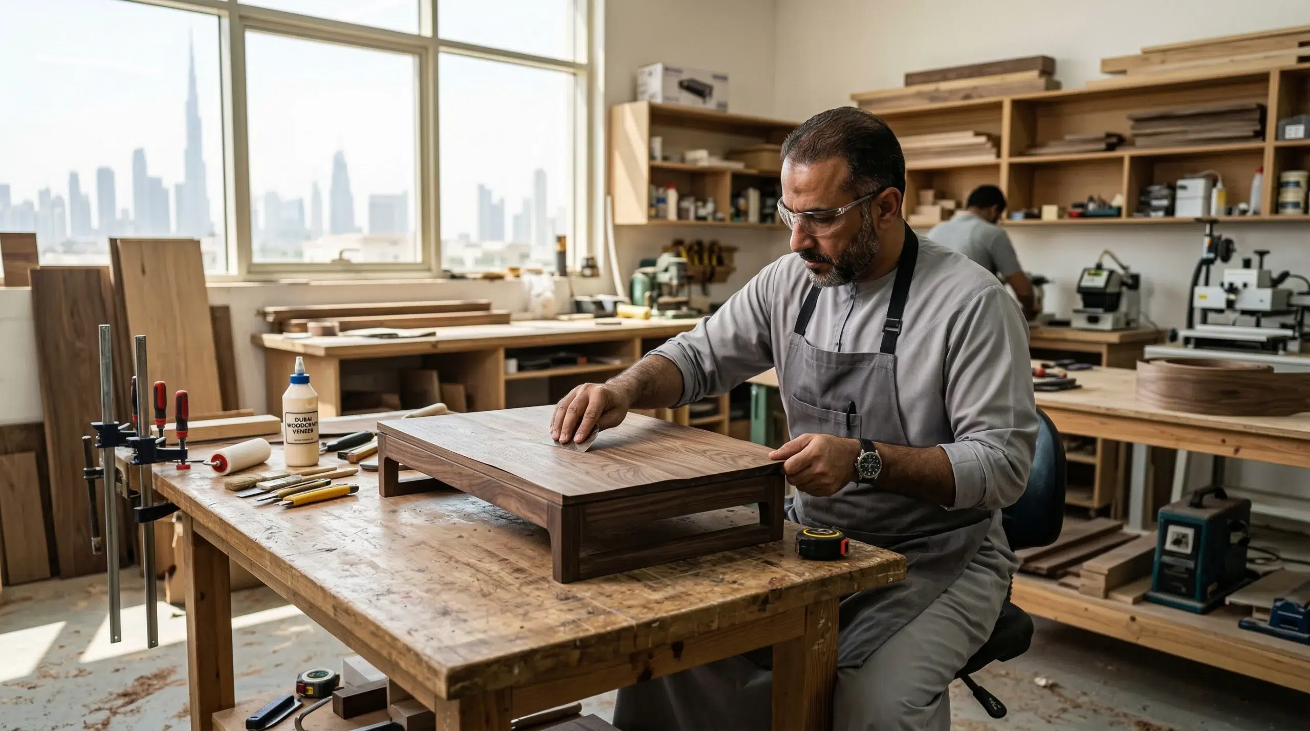 Kustom Deco custom furniture manufacturing process Dubai — craftsman building end table