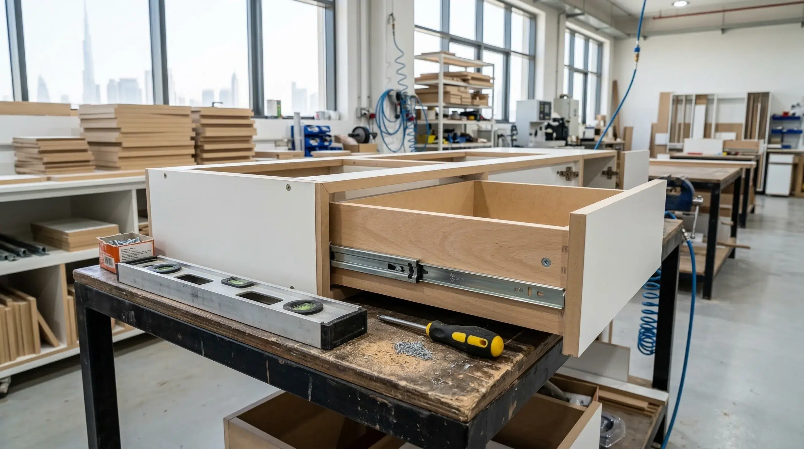 Kustom Deco custom furniture manufacturing process Dubai — craftsman building study desk