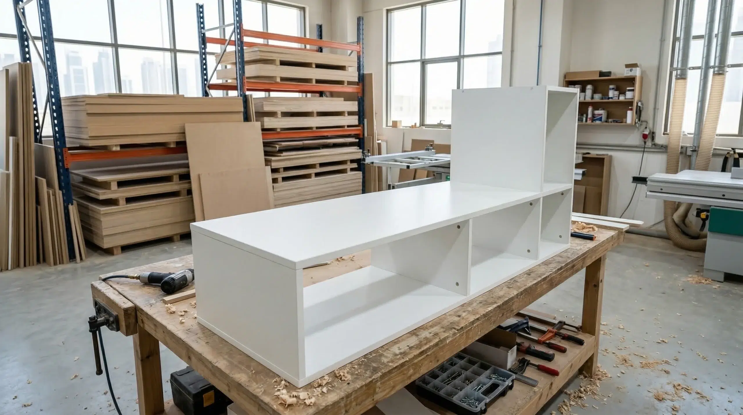 Kustom Deco custom furniture manufacturing process Dubai craftsman building storage unit