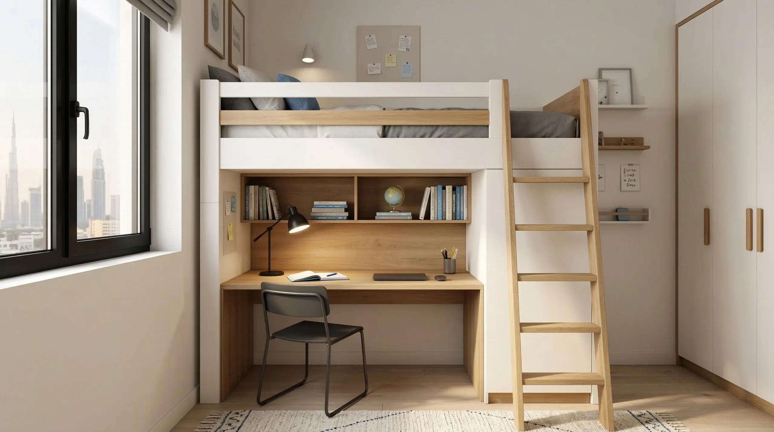 Custom loft bed with study desk Dubai — space-saving kids bedroom furniture UAE