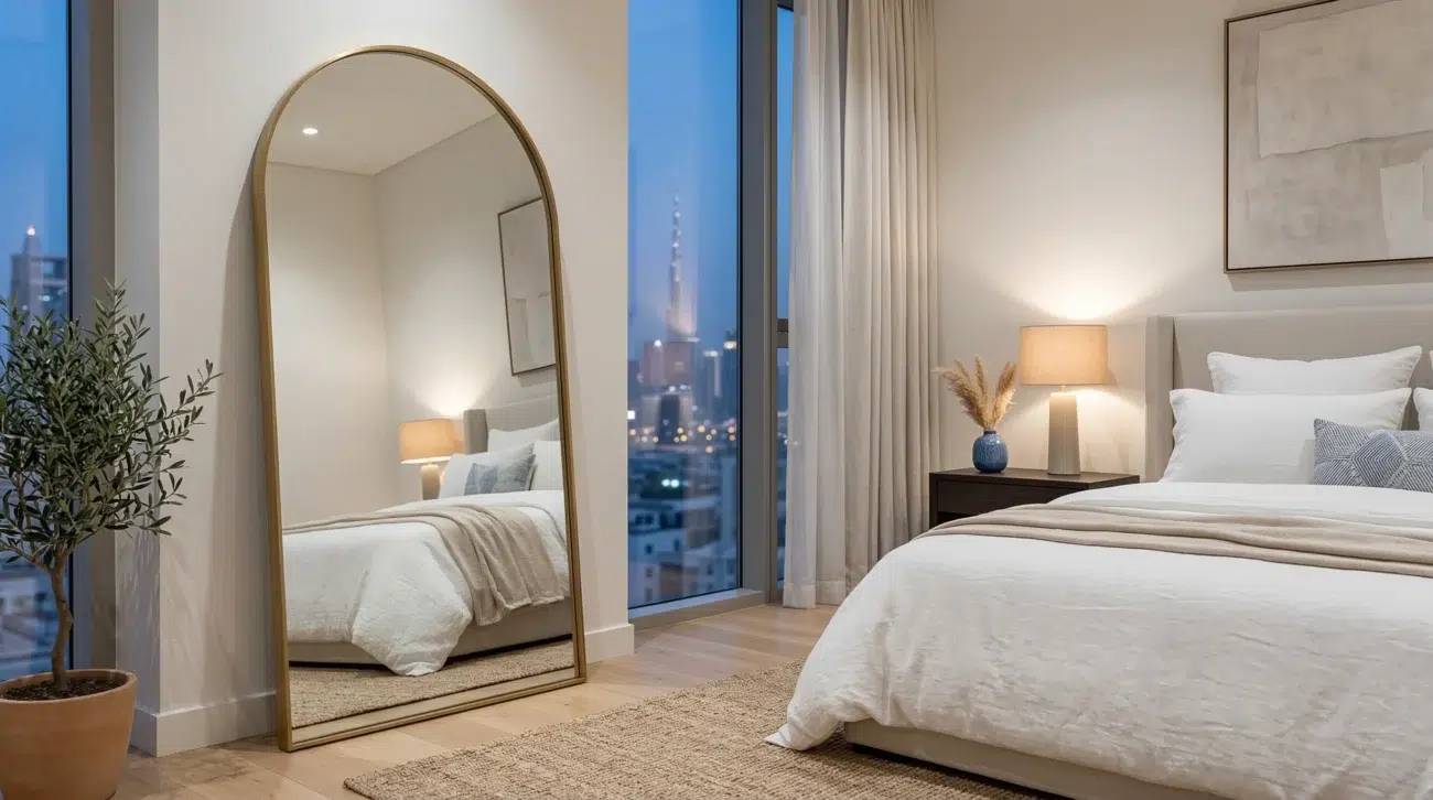 Custom mirrors Dubai — arch floor mirror in modern UAE apartment Kustom Deco