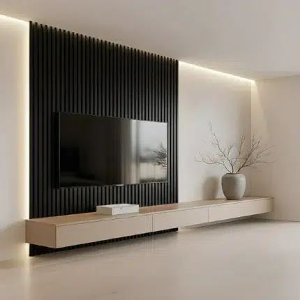 modern floating TV unit with wood slat wall panel and storage cabinet UAE