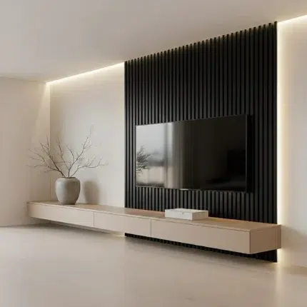 modern floating TV unit with wood slat wall panel and storage cabinet in Dubai UAE