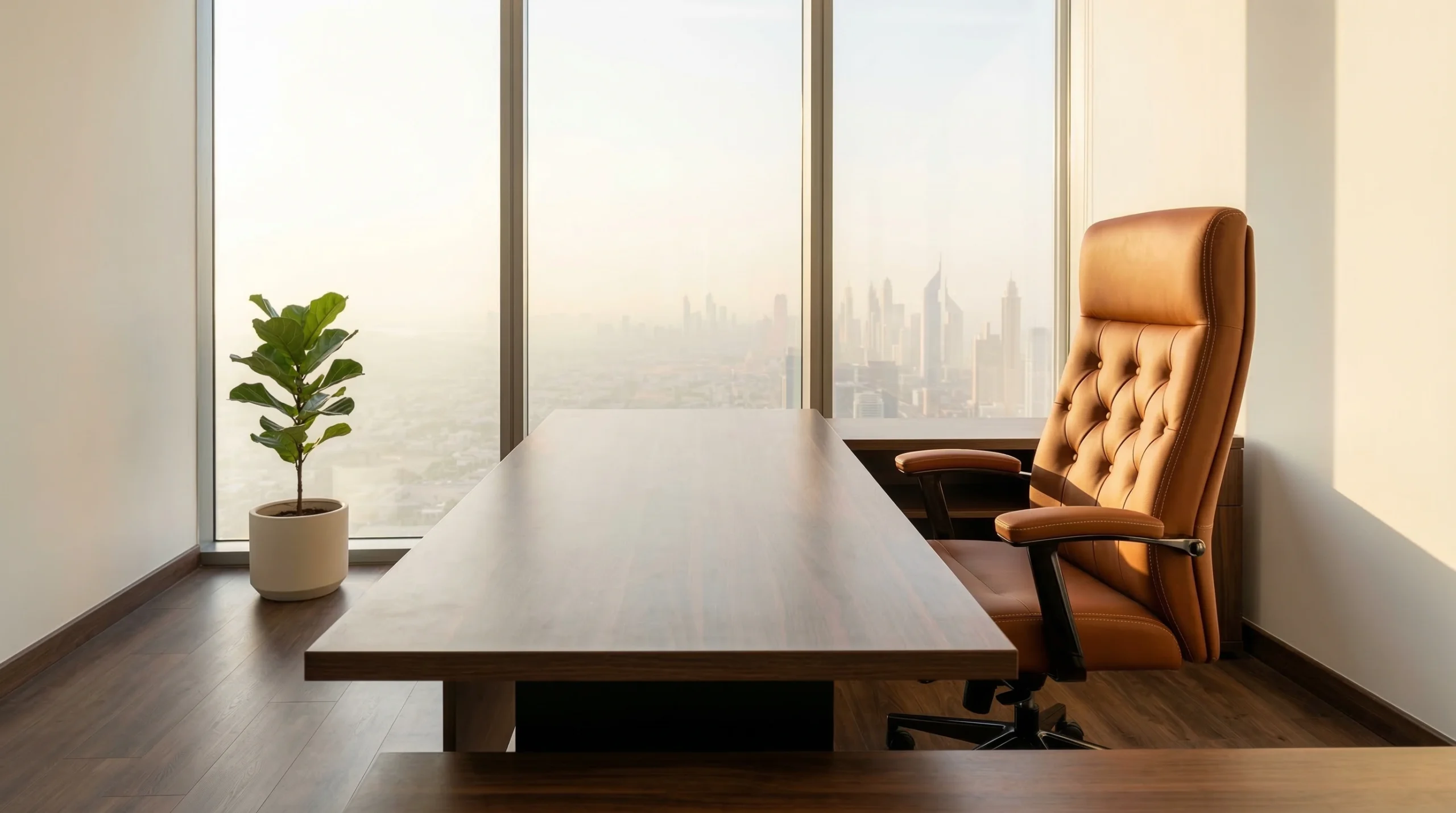 Custom office chair Dubai  cognac PU leather executive chair at walnut desk in modern home office
