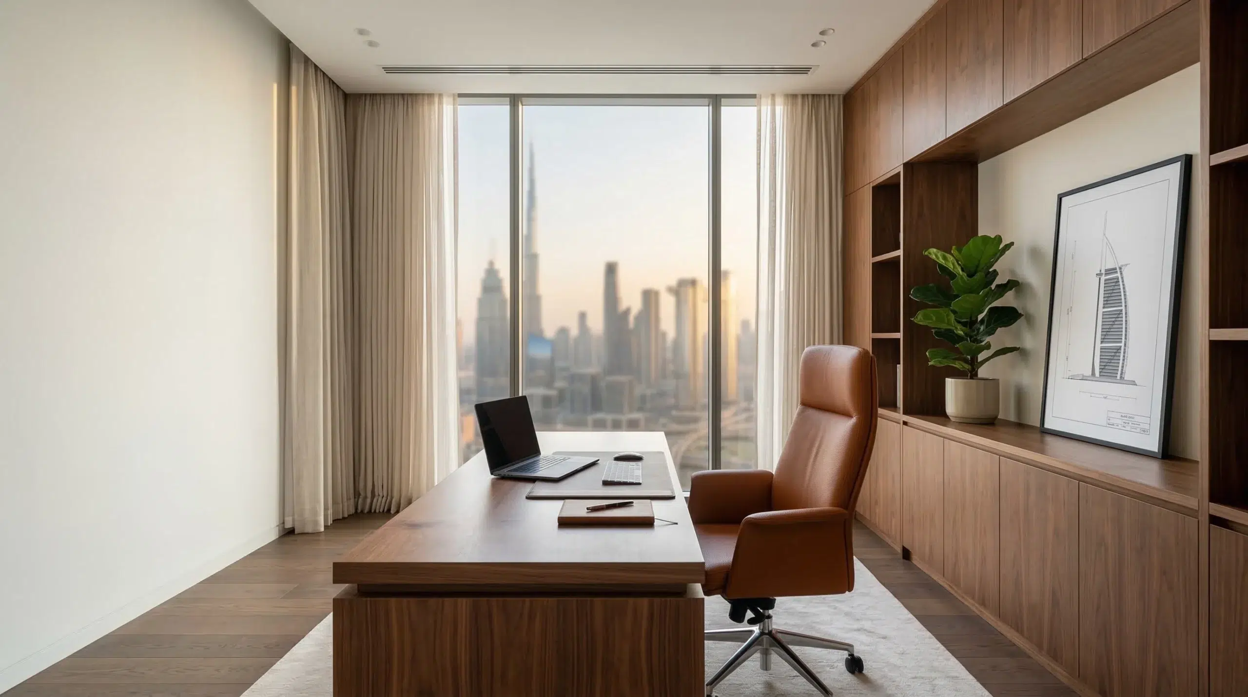 Custom office furniture Dubai  executive desk and storage wall unit in modern Dubai home