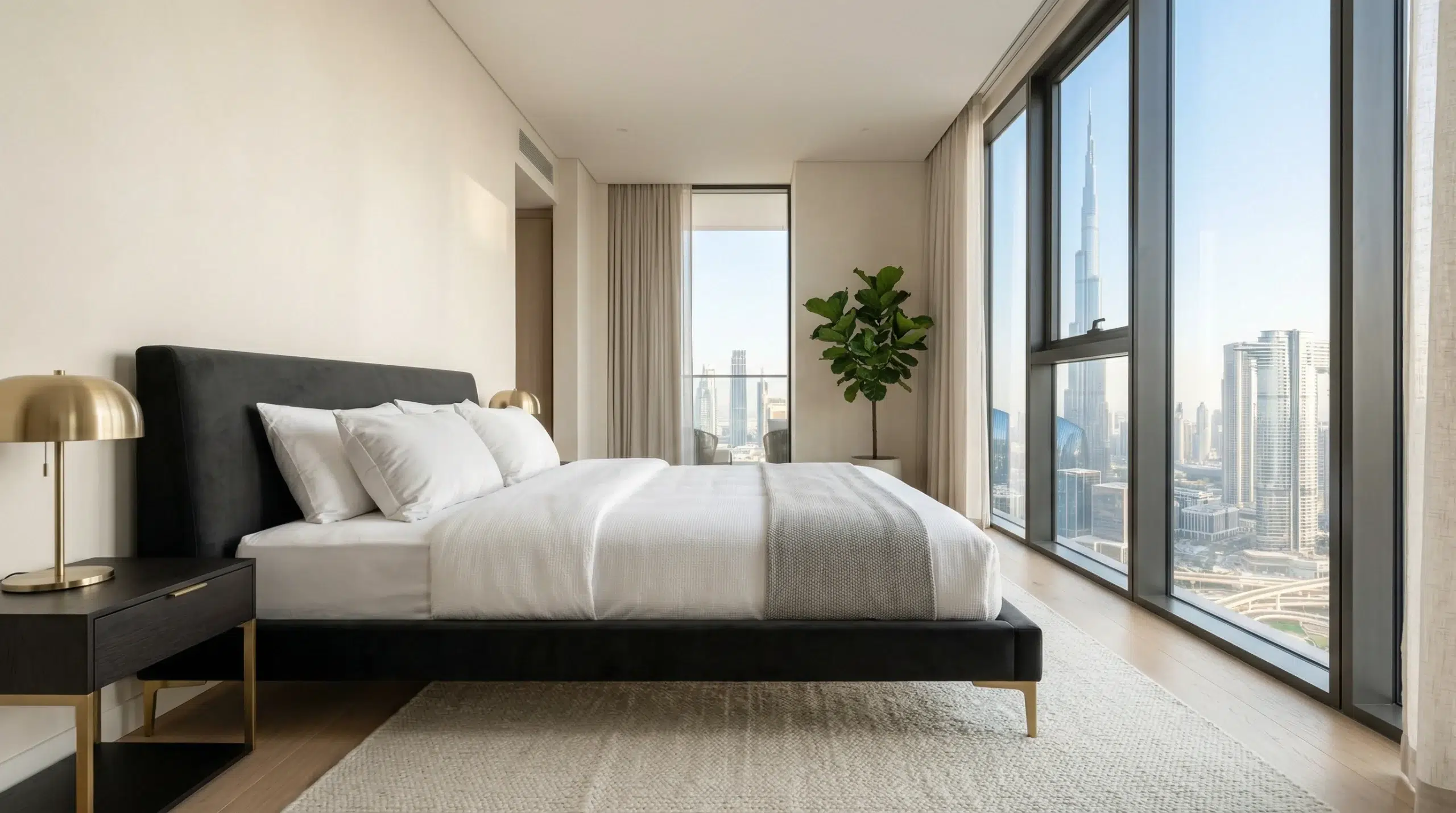 Custom platform bed Dubai — upholstered charcoal velvet with gold legs