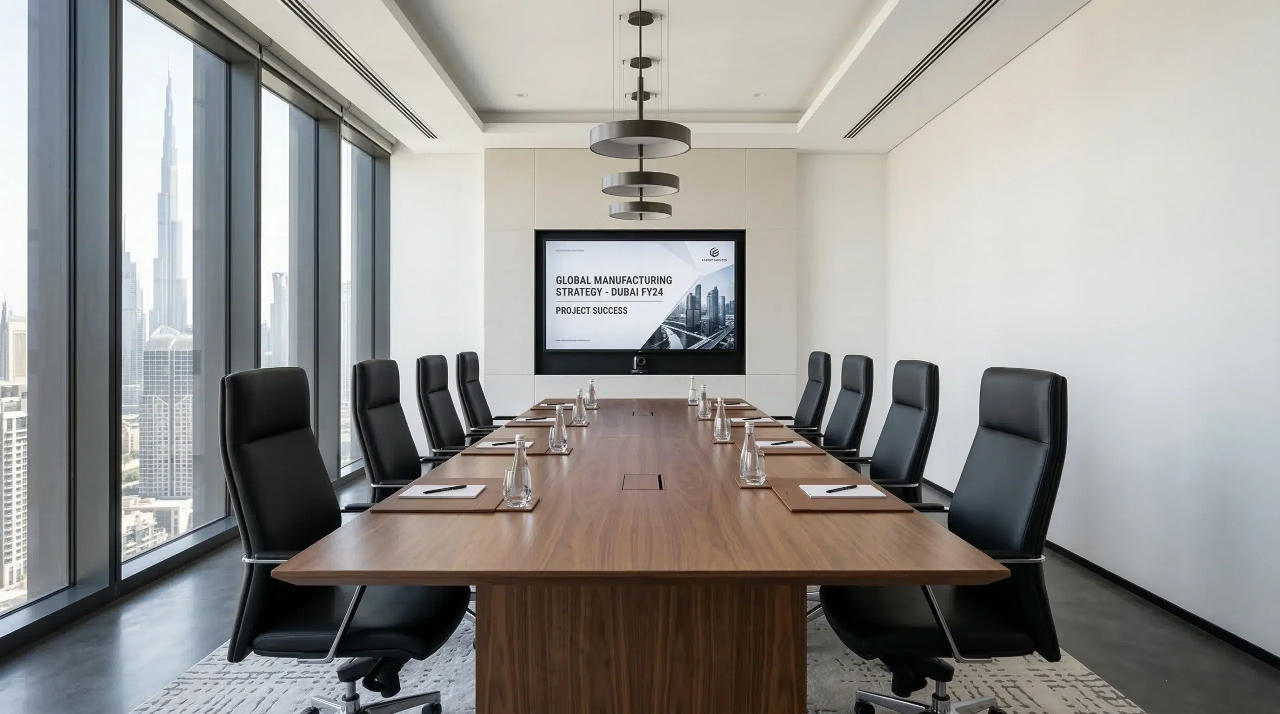 Rectangular custom boardroom table Dubai  walnut veneer, panel-end base