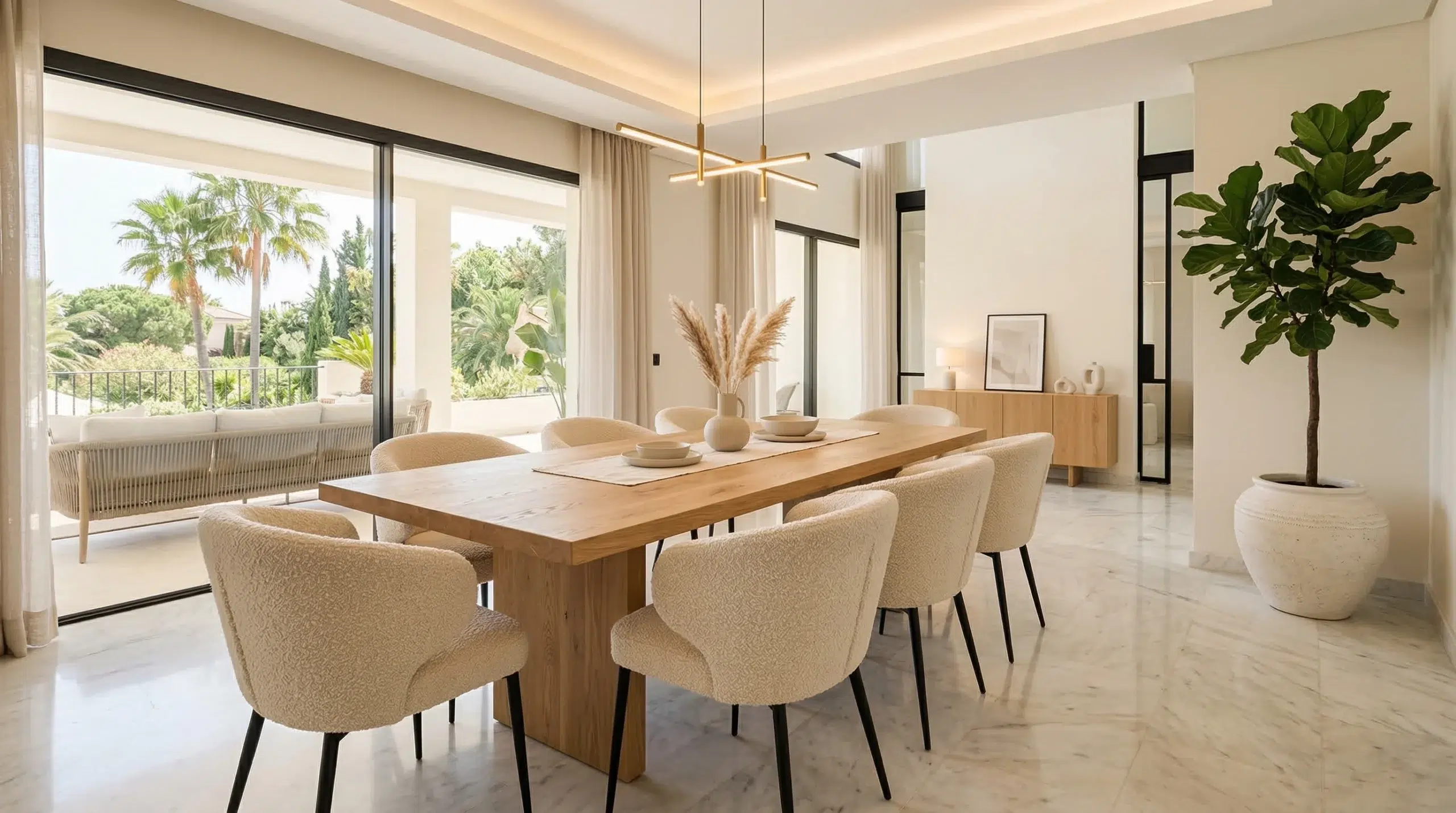 Custom rectangular dining table with boucle chairs in a Dubai villa — Kustom Deco