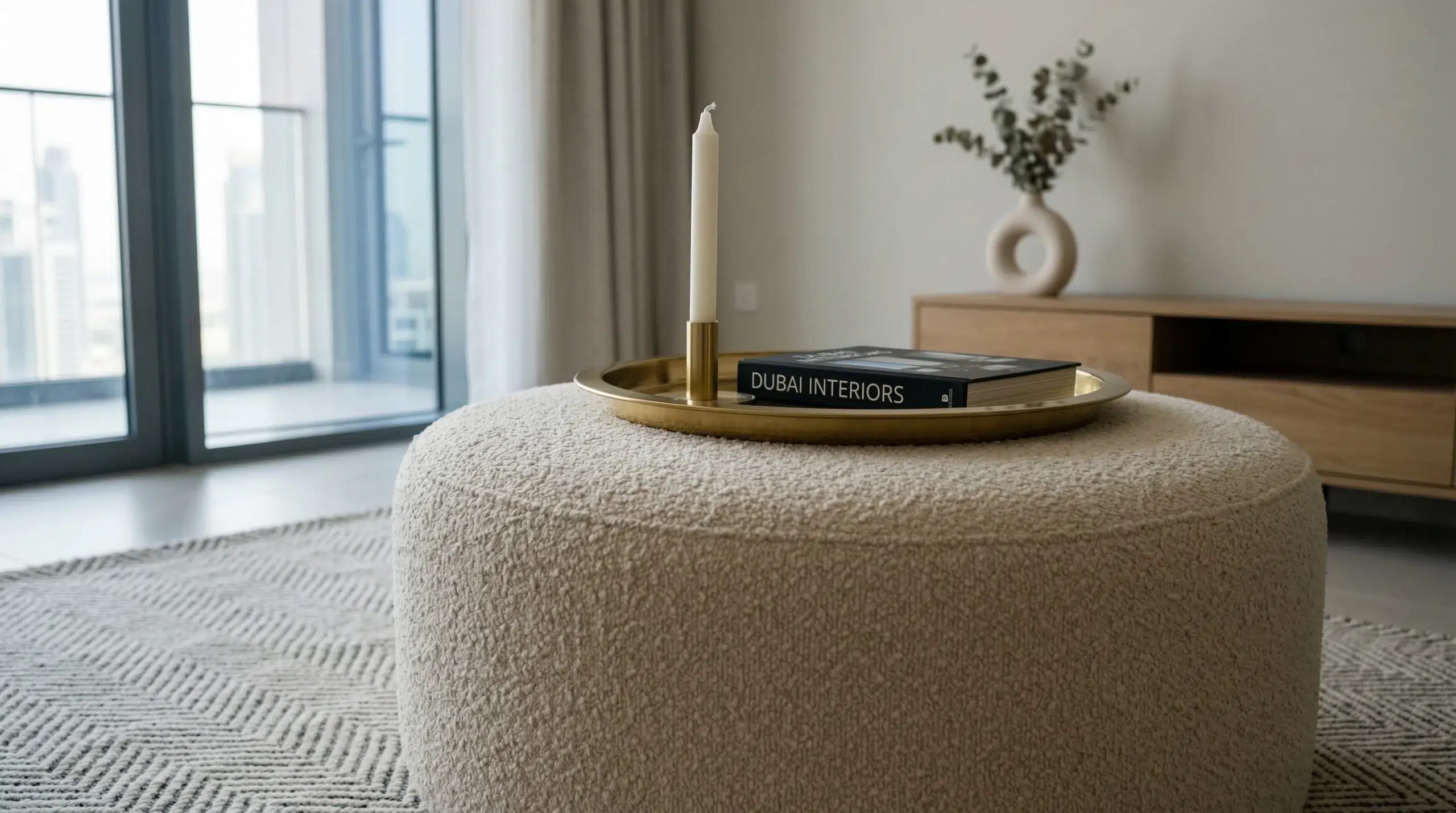 Custom round boucle ottoman Dubai — made to order by Kustom Deco UAE