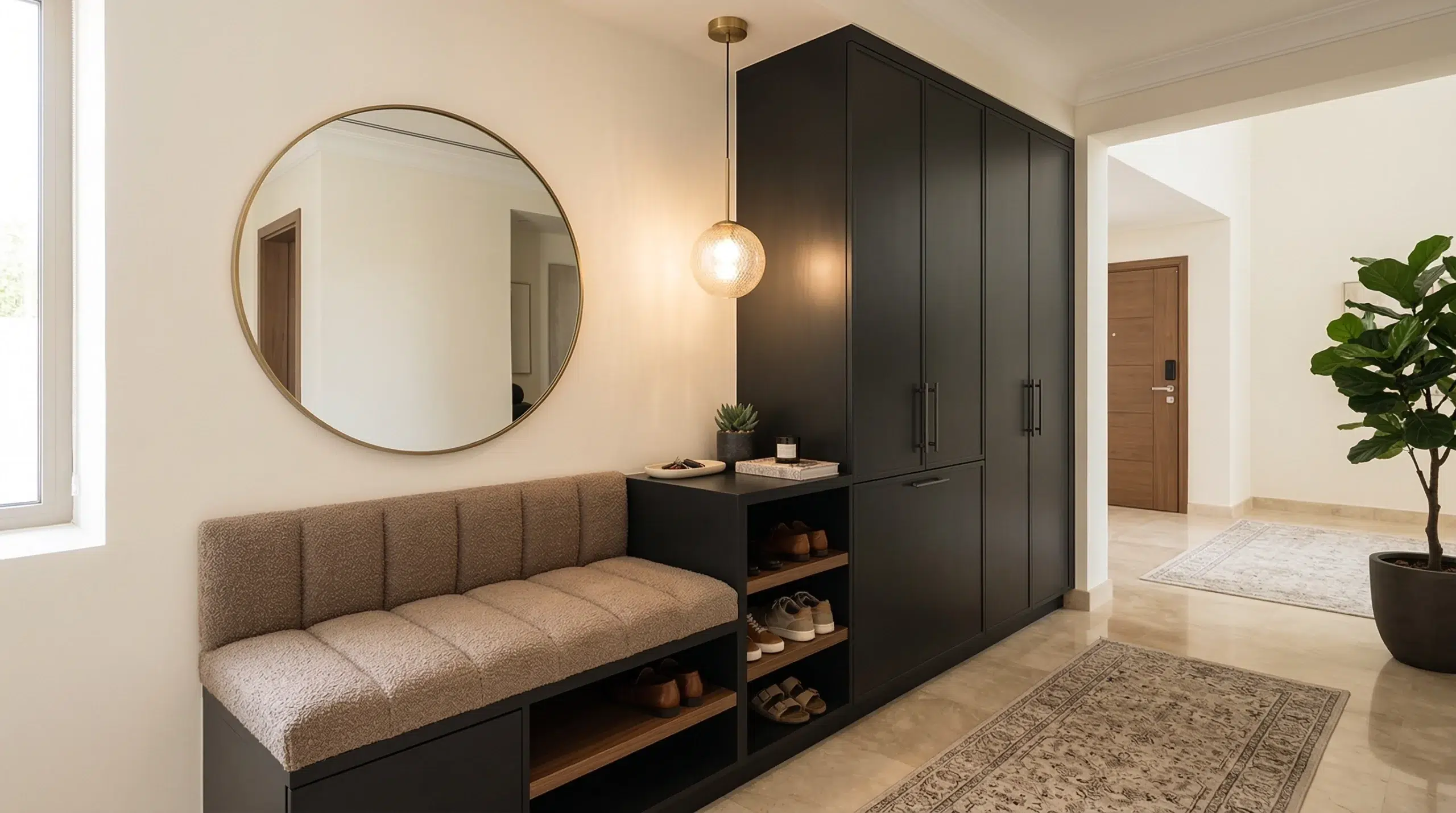 Custom shoe cabinet with upholstered bench in a Dubai villa entryway — Kustom Deco