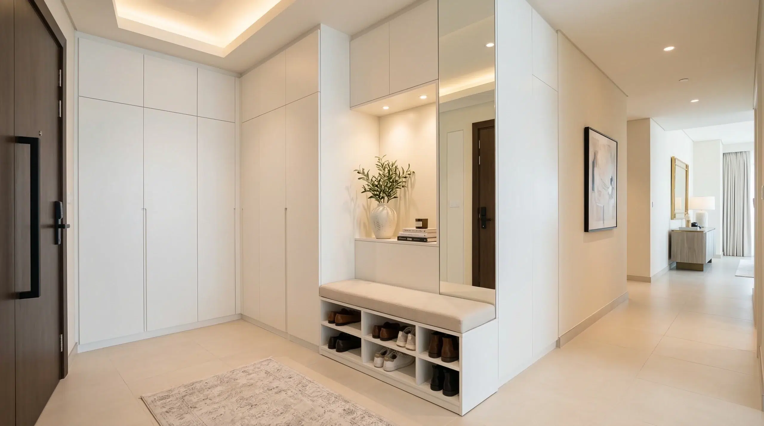 Custom floor-to-ceiling shoe cabinet in a Dubai apartment entryway — Kustom Deco