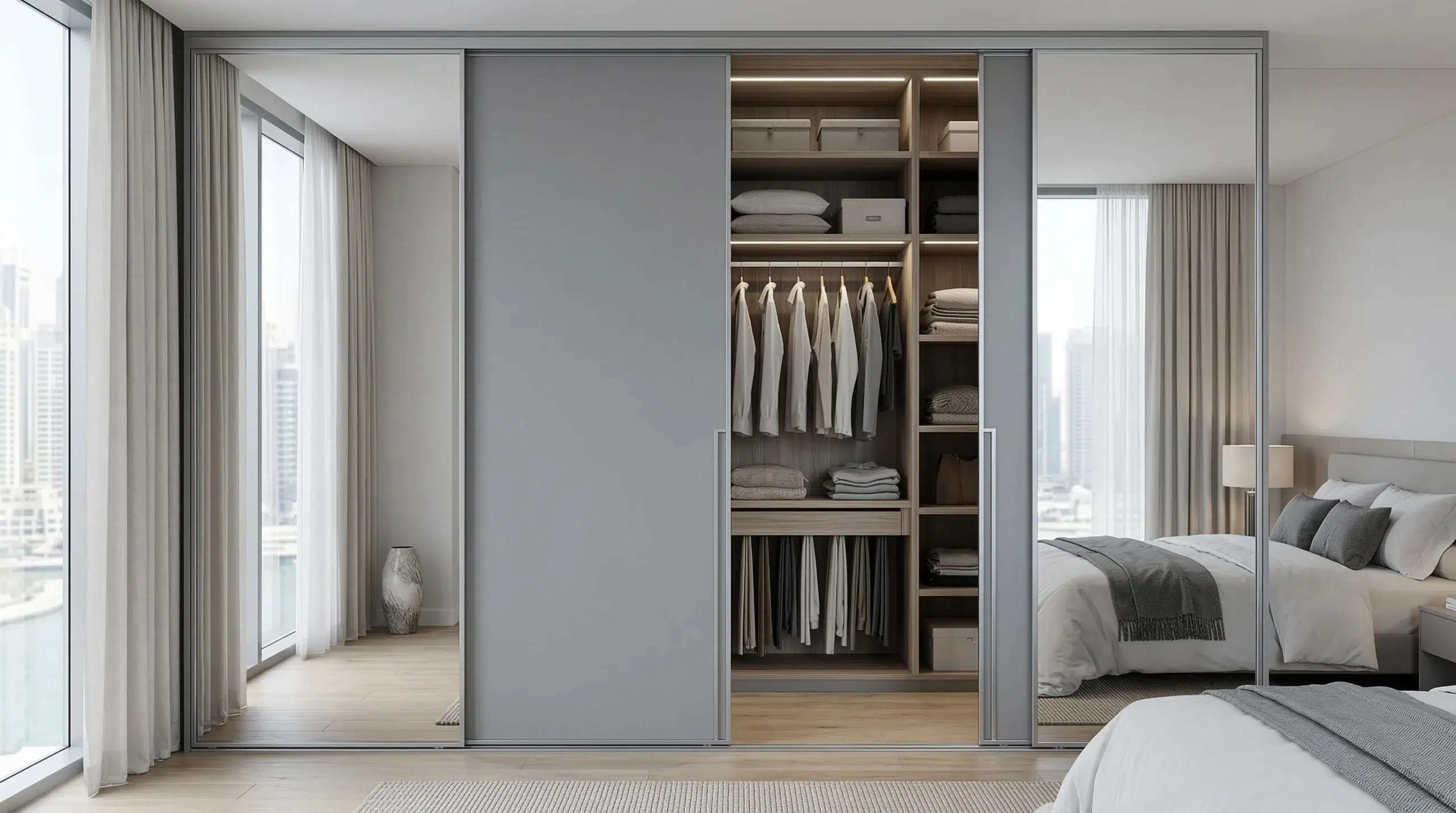 Sliding door custom wardrobe Dubai with mirror panels and floor-to-ceiling design
