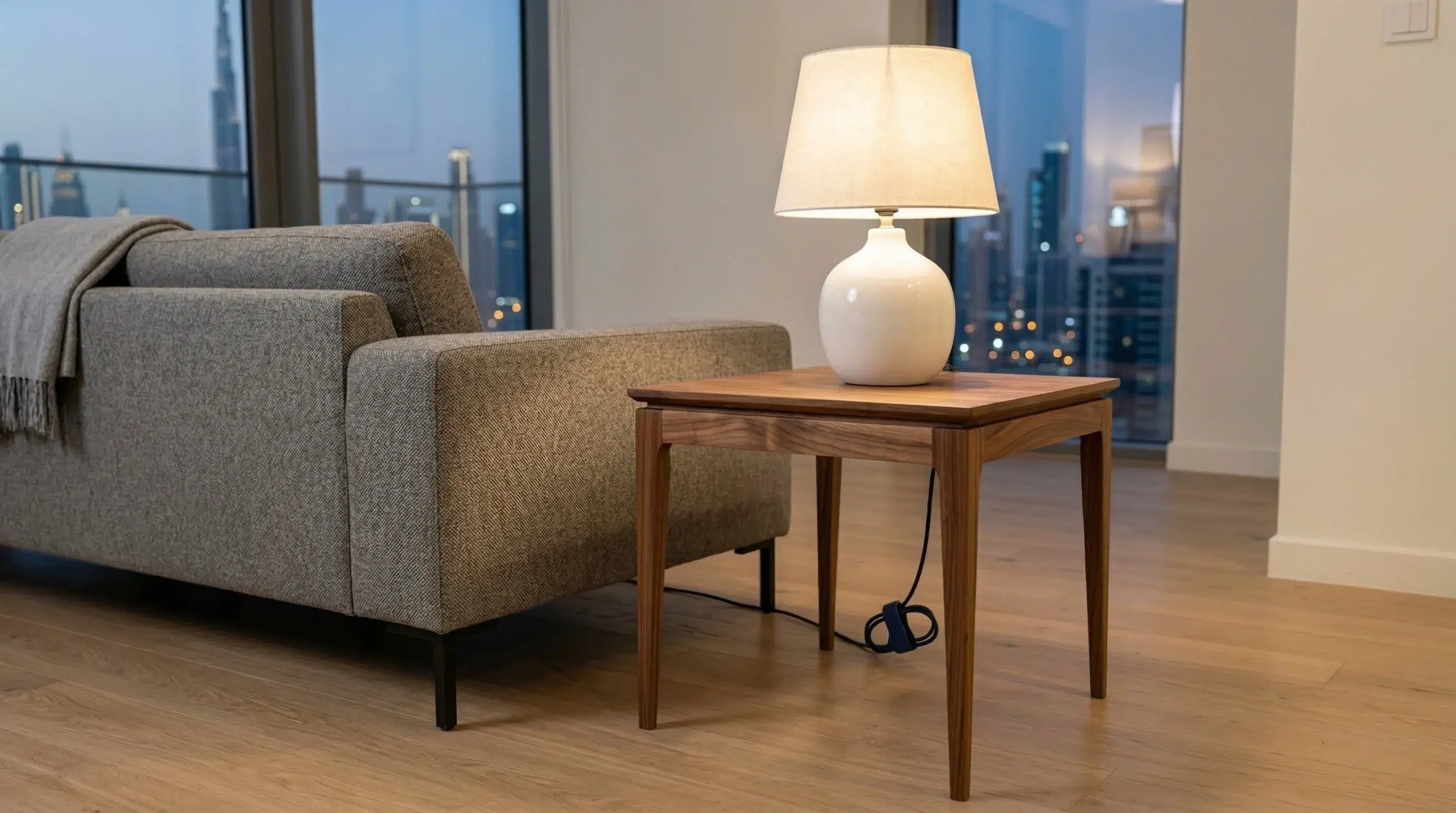 Custom square end table Dubai — walnut finish with tapered legs, living room placement