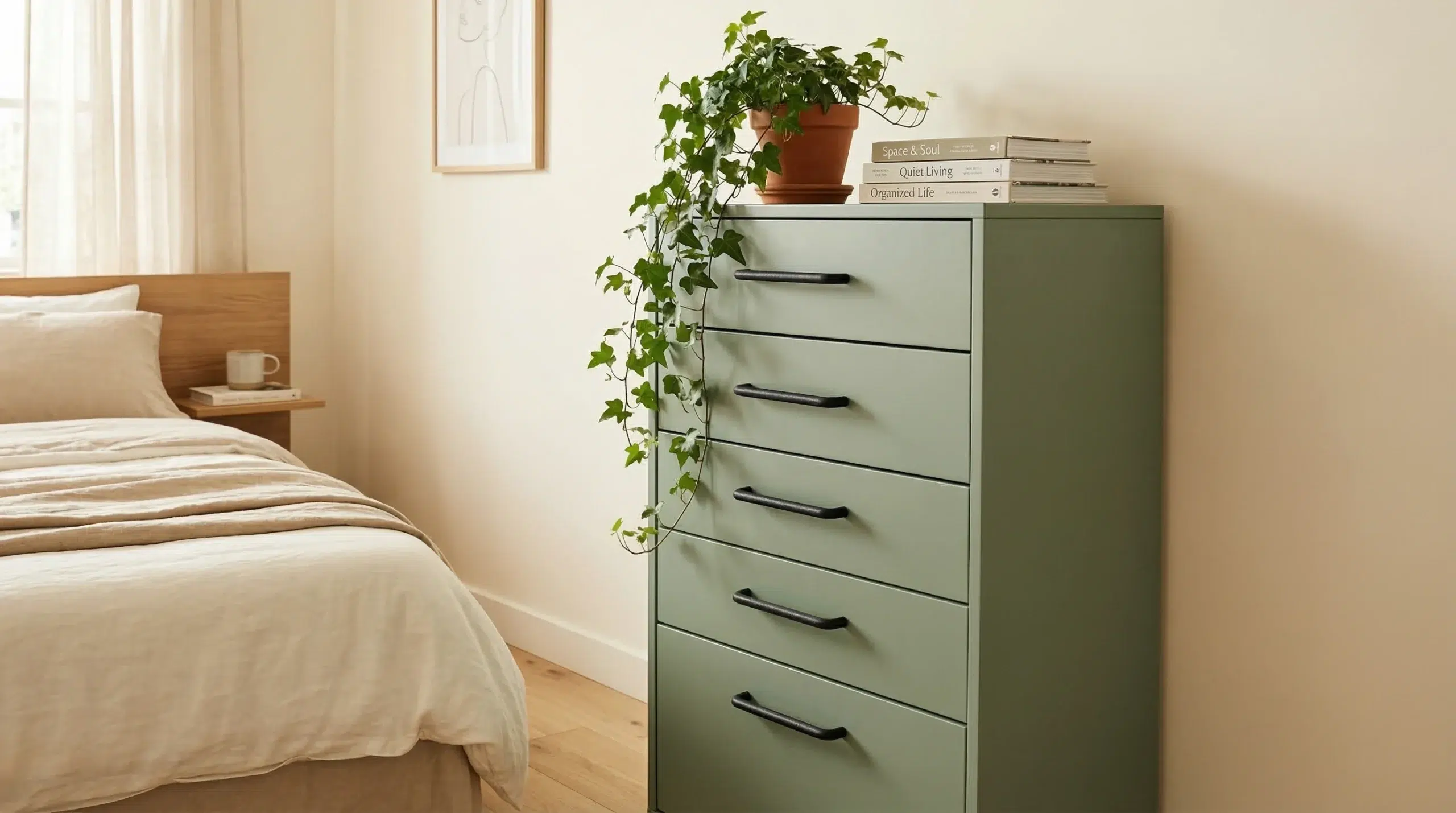 Custom tallboy chest of drawers Dubai apartment bedroom sage green finish