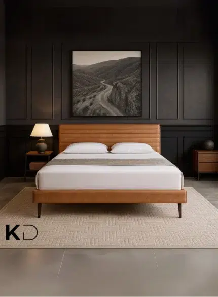 Amber Leather Upholstered Bed Tan Brown Custom Made Furniture Dubai Abu Dhabi UAE Kustom Deco