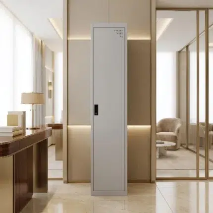 Arvelion metal office storage cabinet for office furniture with slim single-door vertical design, lockable storage, and light grey finish in a modern UAE office.