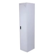 Arvelion metal office storage cabinet for office furniture with slim single-door vertical design, lockable storage, and light grey finish in a modern UAE office.