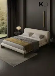 Astoria Modern Cream Upholstered Bed with curved headboard and wooden legs for luxury bedroom furniture Dubai UAE