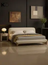 Astoria Modern Cream Upholstered Bed with curved headboard and wooden legs for luxury bedroom furniture Dubai UAE