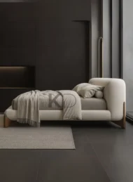 Astoria Modern Cream Upholstered Bed with curved headboard and wooden legs for luxury bedroom furniture Dubai UAE