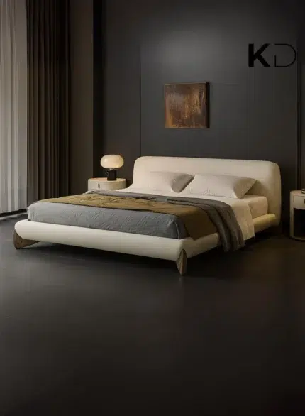 Astoria Modern Cream Upholstered Bed with curved headboard and wooden legs for luxury bedroom furniture Dubai UAE