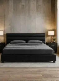 Austin Modern Faux Leather Upholstered Bed in black finish for luxury bedroom furniture Dubai UAE