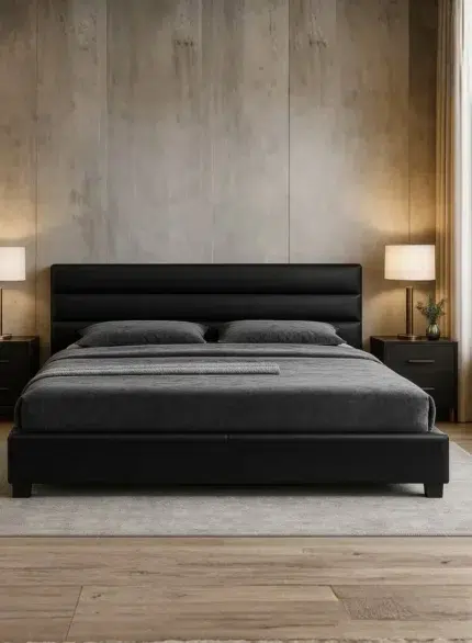 Austin Modern Faux Leather Upholstered Bed in black finish for luxury bedroom furniture Dubai UAE
