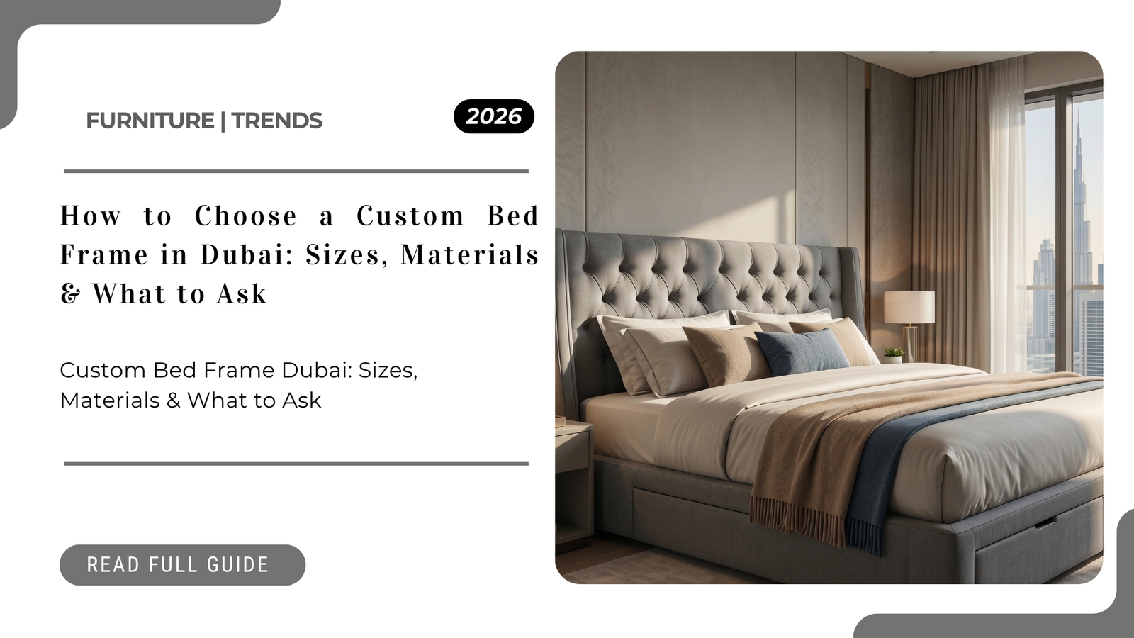 Custom bed frame in a modern Dubai bedroom showing upholstered headboard, storage base, and luxury interior styling.
