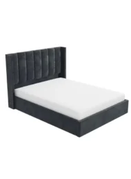 Comfort Calm Grey Velvet Ottoman Bed with vertical tufting and gas-lift storage for luxury bedroom furniture Dubai UAE