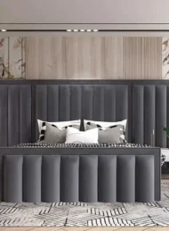 Comfort Cloud Modern Velvet Upholstered Bed with grey vertical channeling for luxury bedroom furniture Dubai UAE