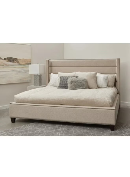 Comfort Cove Wing Tufted Bed Beige Fabric Horizontal Channel Tufting Wingback Custom Made Furniture Dubai Abu Dhabi UAE Kustom Deco