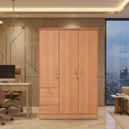 Cremvanta wooden storage cabinet for office furniture and home use with three doors, side drawers, engineered wood build, and natural wood finish in a modern UAE interior.