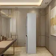 Elgraviax steel storage cabinet for office furniture with sliding glass doors, lower lockable storage, and light grey steel finish in a modern UAE office.