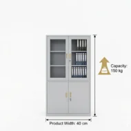 Elgraviax steel storage cabinet for office furniture with sliding glass doors, lower lockable storage, and light grey steel finish in a modern UAE office.