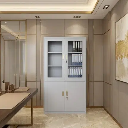 Elgraviax steel storage cabinet for office furniture with sliding glass doors, lower lockable storage, and light grey steel finish in a modern UAE office.