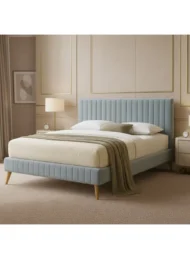 Kavior Velvet Upholstered Bed Sky Blue Vertical Tufted Custom Made Furniture Dubai Abu Dhabi UAE Kustom Deco