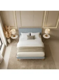 Kavior Velvet Upholstered Bed Sky Blue Vertical Tufted Custom Made Furniture Dubai Abu Dhabi UAE Kustom Deco