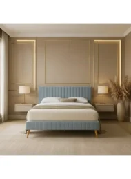 Kavior Velvet Upholstered Bed Sky Blue Vertical Tufted Custom Made Furniture Dubai Abu Dhabi UAE Kustom Deco